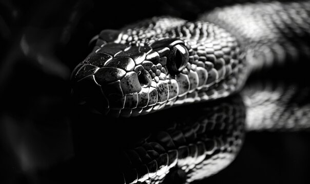 Black and white portrait of the snake, closeup