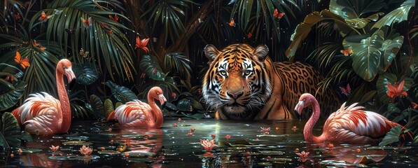 A painting of a tiger and a flamingo in a pond, with the tiger looking at the flamingo. The scene is set in a jungle with palm trees in the background.