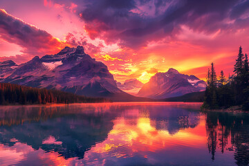 A Breathtaking Mountain Sunrise over a Tranquil Lake Reflecting the Colors of Dawn