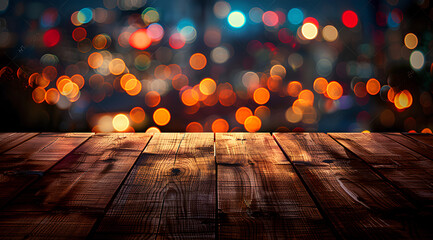 Wooden table, blurred bokeh background background. Neon light, night view, close-up. The general background of the interior, a dark background.
