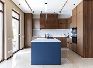 Modern kitchen interior with a blue island and brown cabinets, a window on the left side, beige walls with white tiles, in a minimalistic style