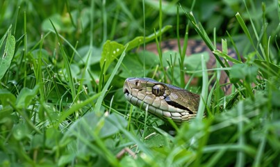 Fototapeta premium Snake partially visible in thick grass