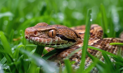 Fototapeta premium Snake partially visible in thick grass