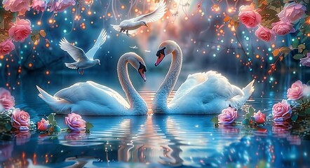 A painting of swans in a pond with hearts in their necks and other birds flying around them. - Powered by Adobe