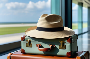 A straw hat on a blue suitcase against the background of airport windows.