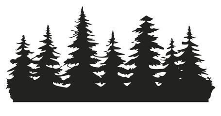 Obraz premium Tranquil and peaceful enchanted forest silhouette minimalist design with black and white nature landscape illustration and vector graphic of woodland trees and ecofriendly flora