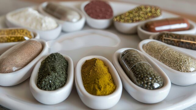 Organic dietary supplement capsules containing herbs and minerals.

