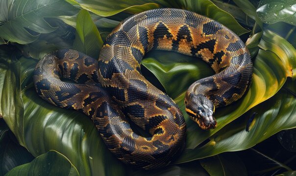 Anaconda on banana leaves