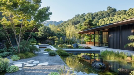 Fototapeta premium Architectural Harmony: Harmonious integration of buildings with their natural surroundings, blurring the boundaries between architecture and landscape. 