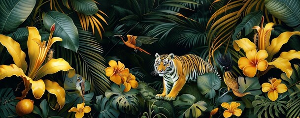 A tiger is walking through a jungle filled with plants and flowers, with a bird flying nearby. The scene is depicted in a painting or drawing.