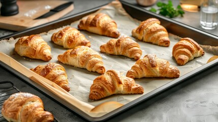 Oven-baked croissants on a baking sheet with parchment paper.

