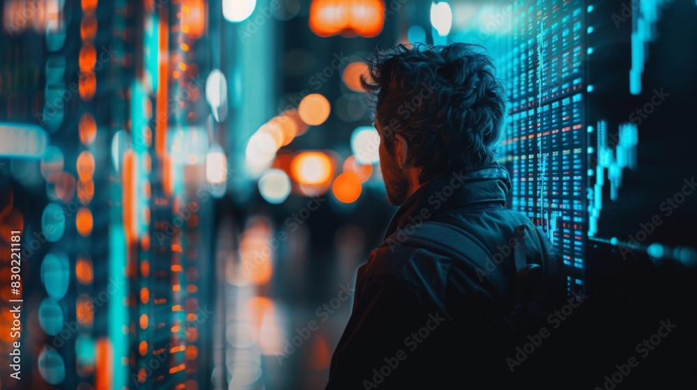 Leinwandbilder A stock market trader analyzing stock price graphs and technical indicators on a digital screen, making buy or sell decisions.