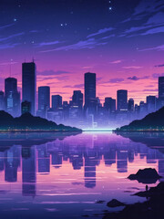 Chill purple tones in night skyline, manga, anime, lo-fi vibes.