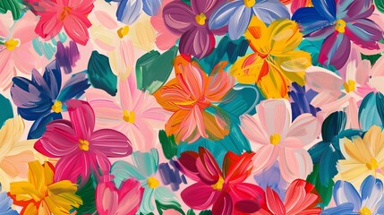 Obraz premium A simple, seamless pattern of hand-drawn gouache flowers on a colorful background.