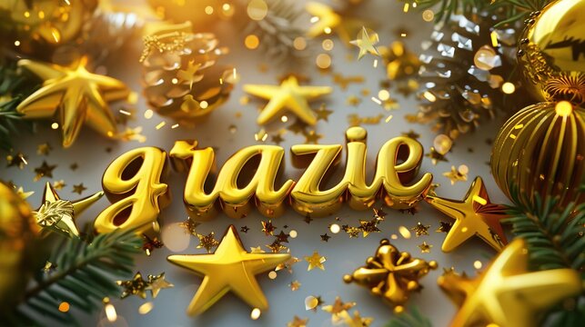 The image depicts a festive "grazie" sign surrounded by Christmas decorations