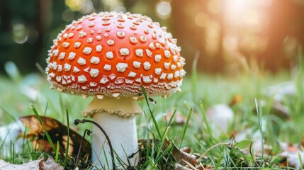  A red-and-white mushroom sits atop a lush, green forest floor, surrounded by abundant leafy green grass and scattered brown leaves