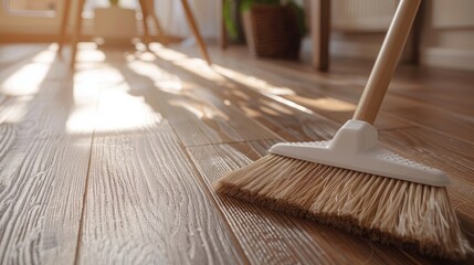 Closeup of sweeping a wooden floor with a plastic broom.

