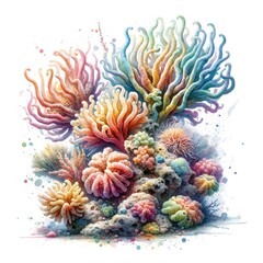 Ein atemberaubendes fantasievolles Bild, das Korallen darstellt. Mit verzweigten, lebhaften Tentakeln in Pastellfarben, wundersch&ouml;n und filigran detailliert im Aquarell Stil