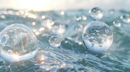 Transparent spheres floating on a water surface, created through 3D rendering.

