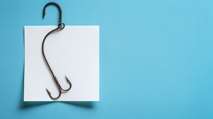A white paper sheet with a fishing hook and line on a blue background.


