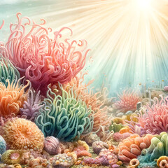 Obraz premium Ein wunderschöne Unterwasserwelt, das eine Korallenlandschaft unter Wasser zeigt. Mit lebhaften, geschwungenen Formen in Pastellfarben und einem strahlenden Lichtstrahl. 