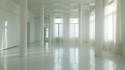A bright, white room with a mirror and door, ideal for dance auditions.

