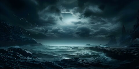 Ominous ambiance with foreboding clouds above a mysterious and frightening ocean. Concept Mysterious Ocean, Foreboding Clouds, Ominous Ambiance, Frightening Setting