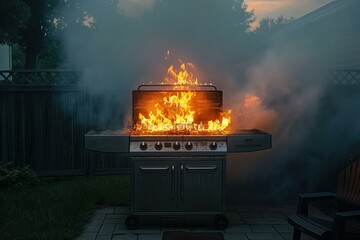 Barbecue grill on fire in backyard with smoke at sunset