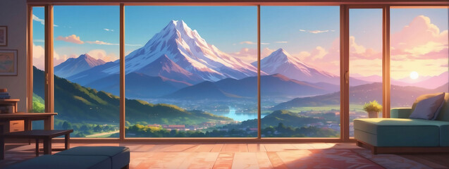 Mountain view from anime-style interior. Digital painting, cozy vibes, and atmospheric lights.