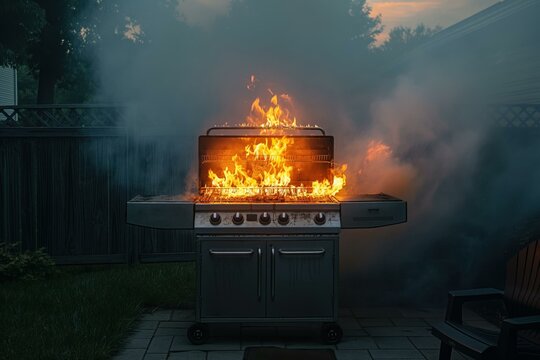Barbecue grill on fire in backyard with smoke at sunset
