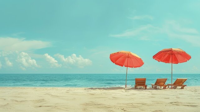Two red beach umbrellas and sun loungers on a sandy beach with a calm ocean and blue sky in the background
