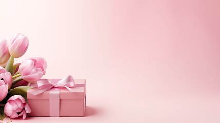 Pastel Pink Tulips with Gift Box on Elegant Blush Background
