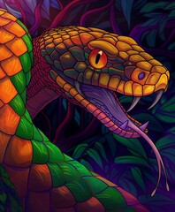 Vibrant Artwork of a Colorful Snake Amidst Jungle Foliage