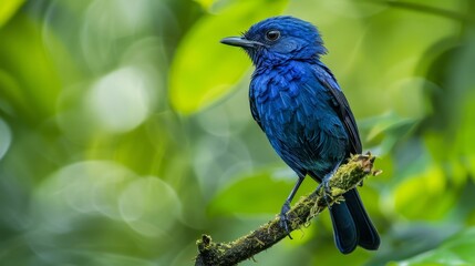  A blue bird perches on a tree branch, adjacent to a green, leafy branch Behind it, a blurry backdrop of leaves and a green foliage expanse unfolds - Powered by Adobe
