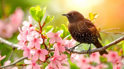Obraz premium A small brown bird sits on a branch, foreground bearing pink flowers Green leaves extend beyond, on the branch's tip