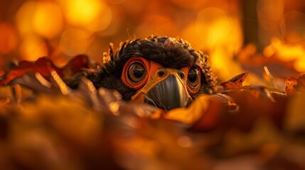  A bird up-close among leaves, background blurred with orange and yellow hues, bird image foreground similarly blurred