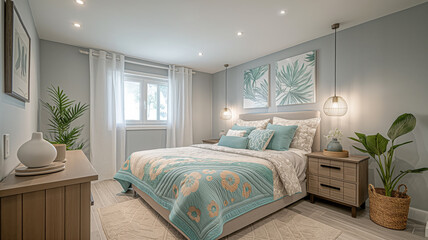 Cozy bedroom with decorative plants, green pillows, and light walls.
