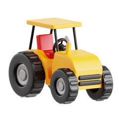 A yellow toy tractor with a red seat and a red steering wheel. The tractor is sitting on a white background