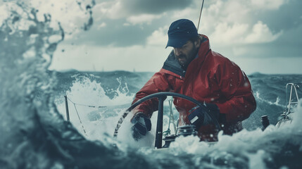 Under a gray, stormy sky, a sailor steers his yacht through the awakening waves with zeal and...