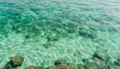 Beautiful turquoise blue ocean water surface with light reflections and highlights. Texture of water close-up macro.
