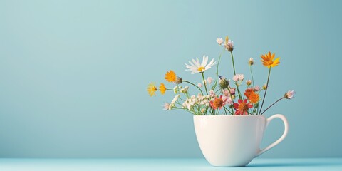 White cup filled with various wildflowers against a blue background