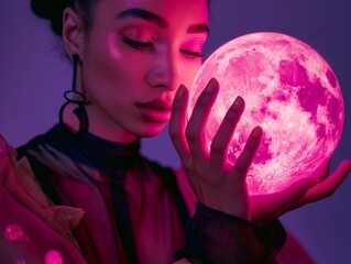 Naklejka premium A woman in avant-garde clothing holds up a pink shiny moon with both hands
