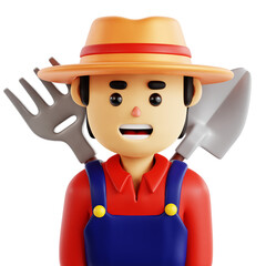 A cartoon man wearing a straw hat and blue overalls holding a shovel and a fork. He is smiling and he is happy