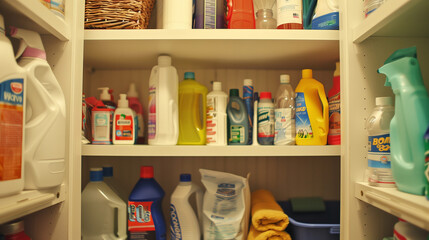 In this well-organized utility closet, functionality goes hand in hand with aesthetics. Containers with labels containing various cleaning products are neatly arranged on the shelves.