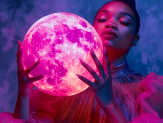 Naklejka premium A woman in avant-garde clothing holds up a pink shiny moon with both hands