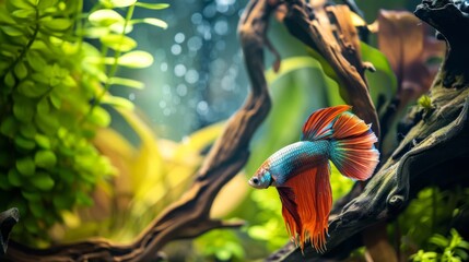 Fototapeta premium A vibrant betta fish swimming among aquatic plants and driftwood in a beautifully aquascaped aquarium, creating a serene underwater landscape.