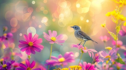  A bird perches on a pink flower amidst a field of yellow and purple blooms The scene is illuminated by a radiant bokeh of light in the background - Powered by Adobe