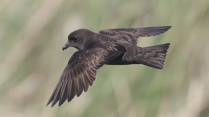  A black bird flies, wings sprawled, head askew against a hazy backdrop of grass