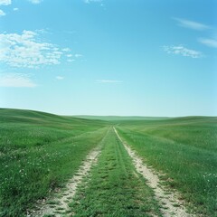Fototapeta premium Prairie Road Meandering Through Verdant Hills and Majestic Skies