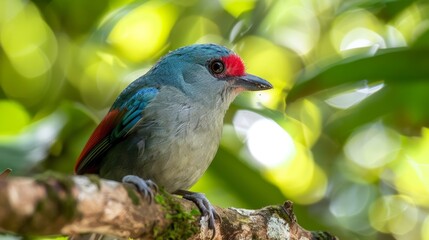  A red-headed bird perched on a tree branch against a backdrop of green foliage Foreground features blurred leaves